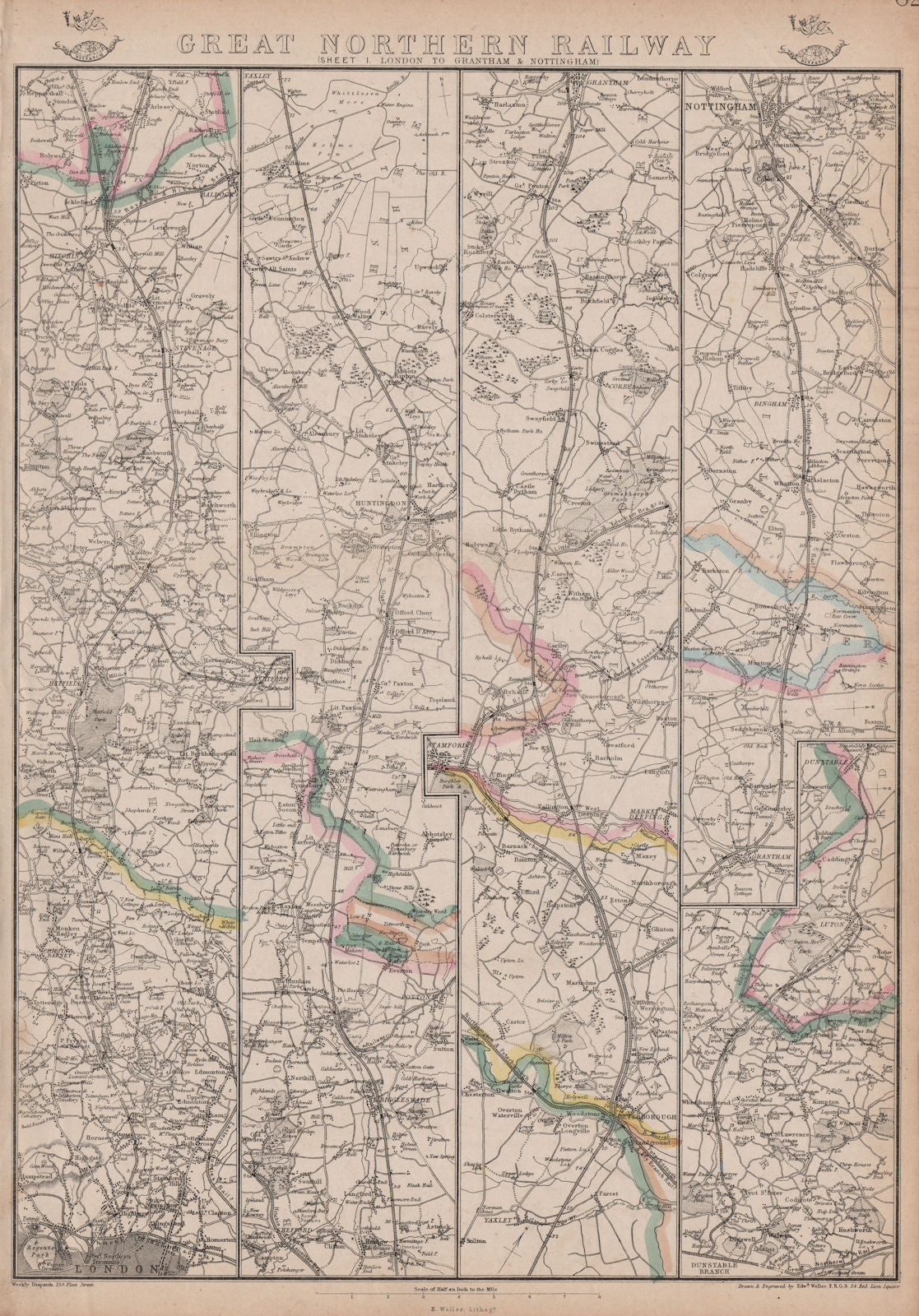 GREAT NORTHERN RAILWAY 1. London to Grantham & Nottingham. WELLER 1862 old map